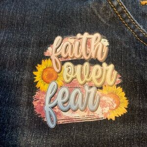 Overall shorts fits like 12/14 repurposed with vinyl pressed faith over fear